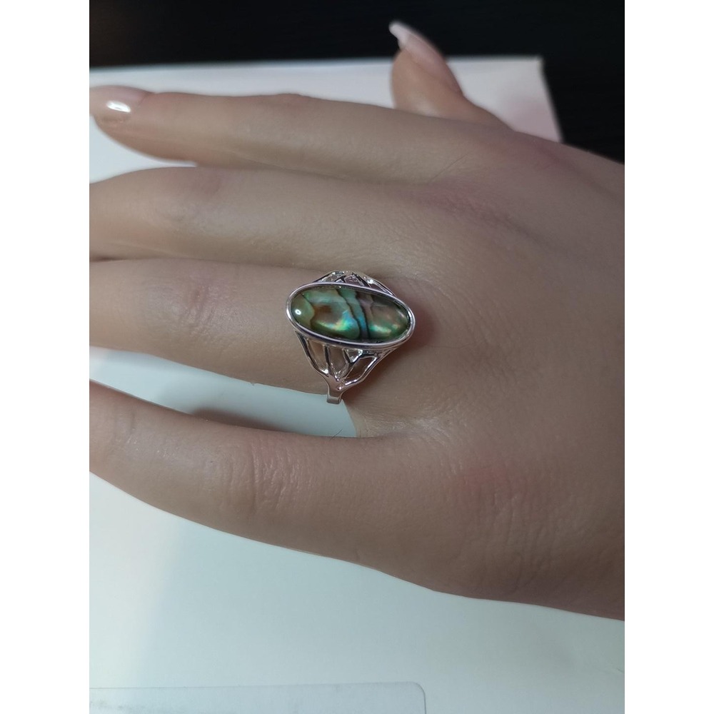 Abalone Shell Ring Silver Tone Oval Cabochon Openwork Setting Size 6